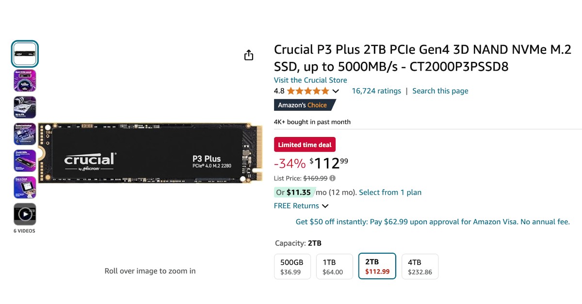 Crucial P3 Plus 2TB SSD - Now $57 Discount!