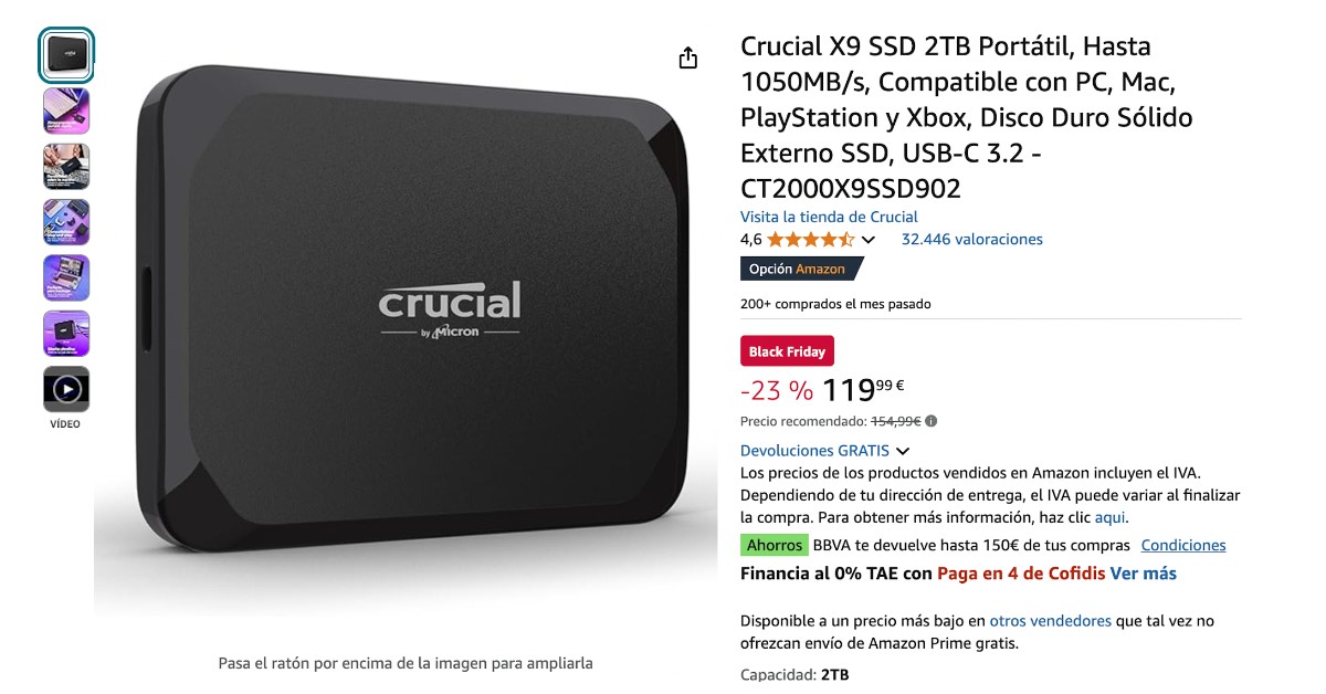 Crucial X9 SSD 2TB Ahora 35€ de descuento! Black Friday!