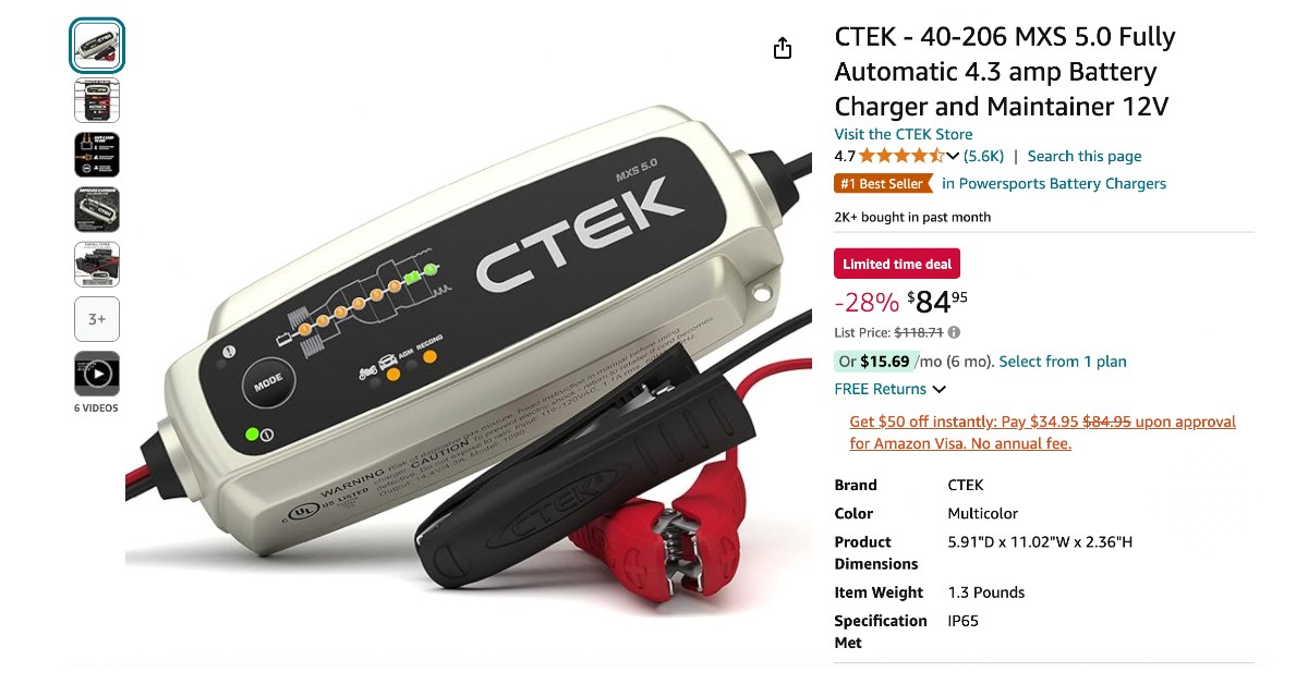 CTEK Automatic 4.3 amp Battery Charger - $34 discount! Don't miss it!