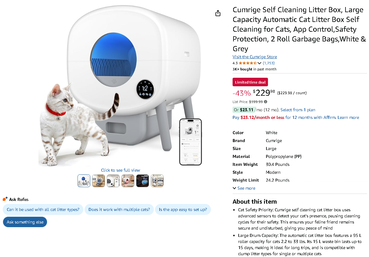 Screenshot of the Cumridge Self Cleaning Litter Box