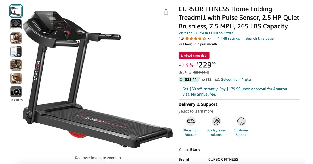 CURSOR FITNESS Home Folding Treadmill - $70 OFF Great Opportunity to Buy!