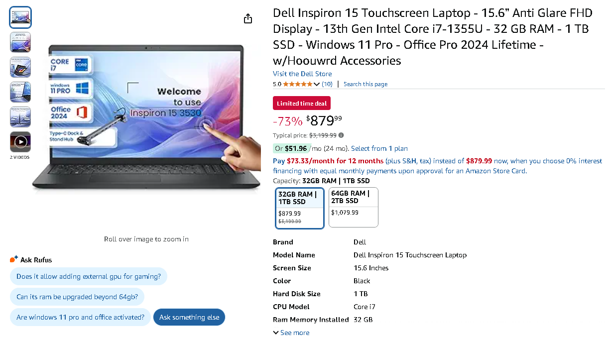 Dell Inspiron 15 Touchscreen on Amazon Dell Inspiron 15 Touchscreen Laptop