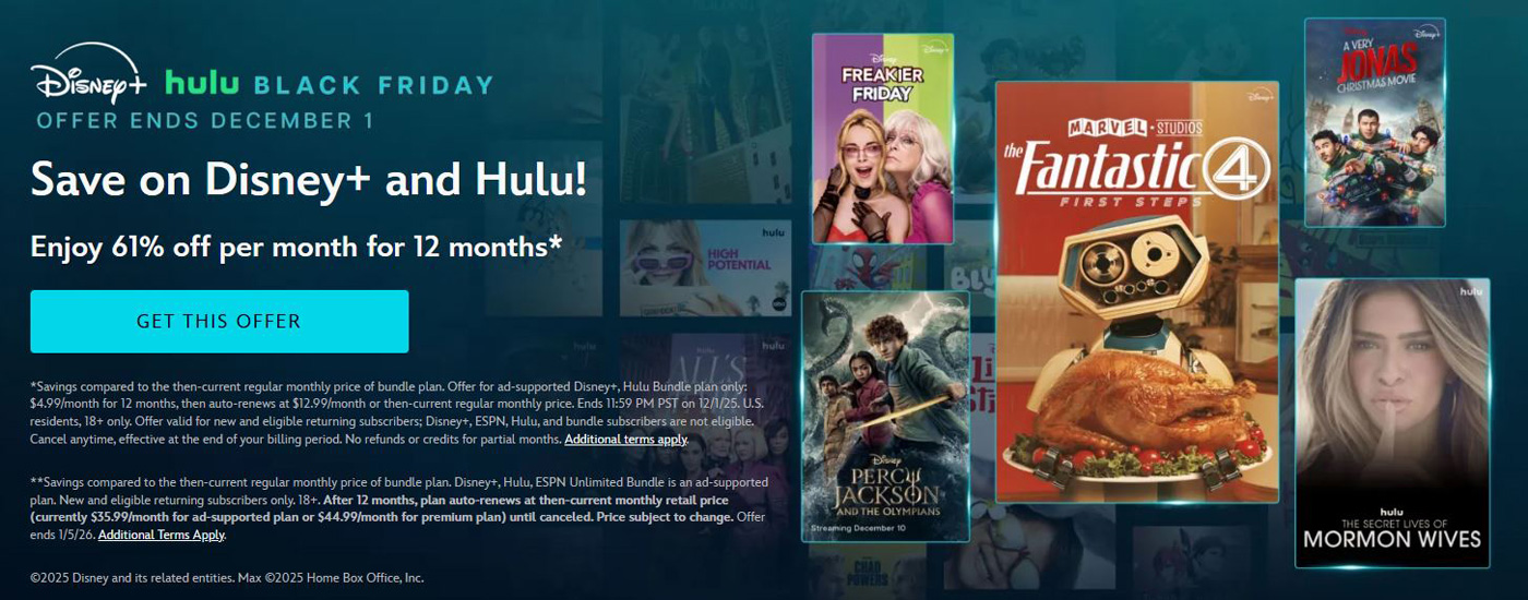 Bannière promotionnelle Disney : Offre bundle pour abonnement Disney+ et Hulu