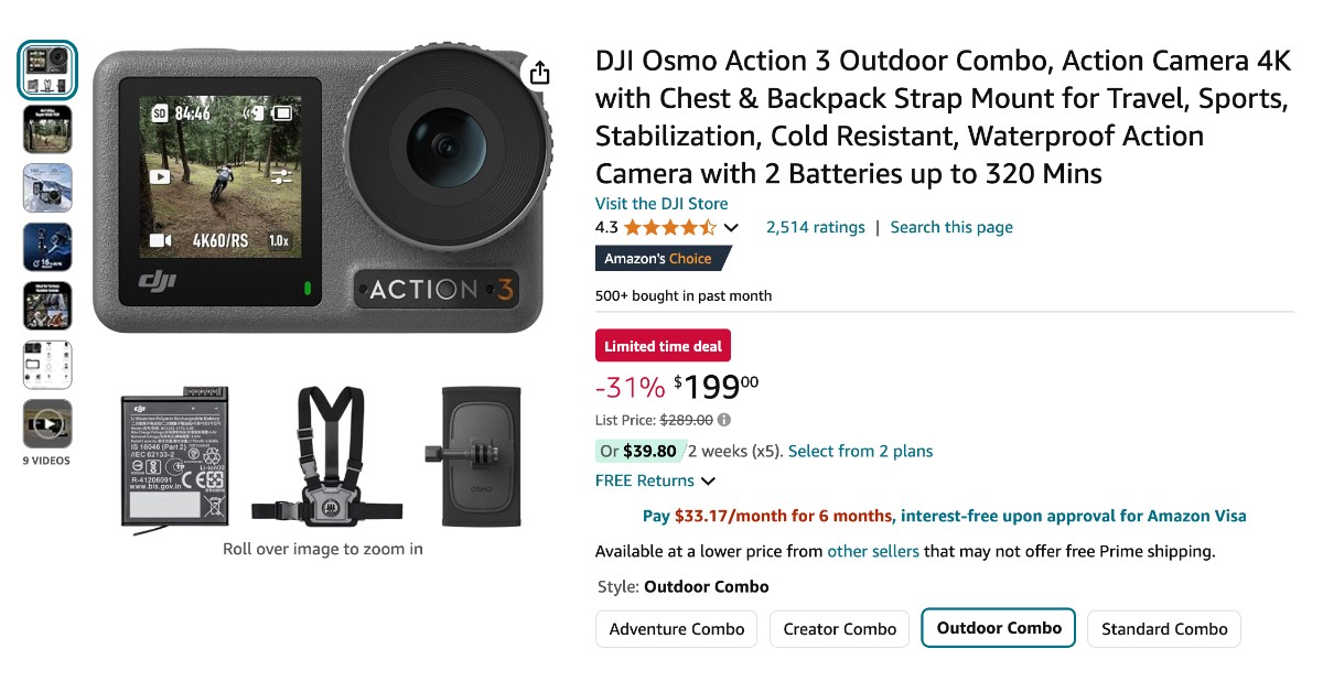 DJI Osmo Action 3 Outdoor Combo Camera - Now $90 Discount!