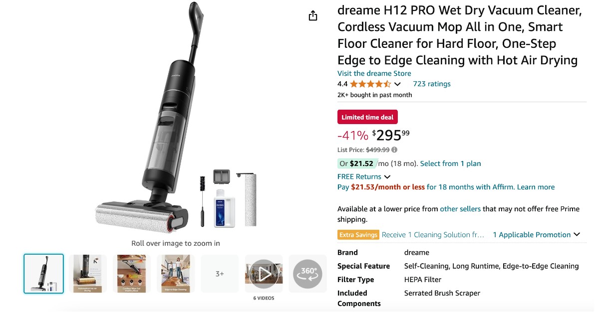 Dreame H12 PRO Wet Dry Vacuum Cleaner - Buy Now $204 Off!