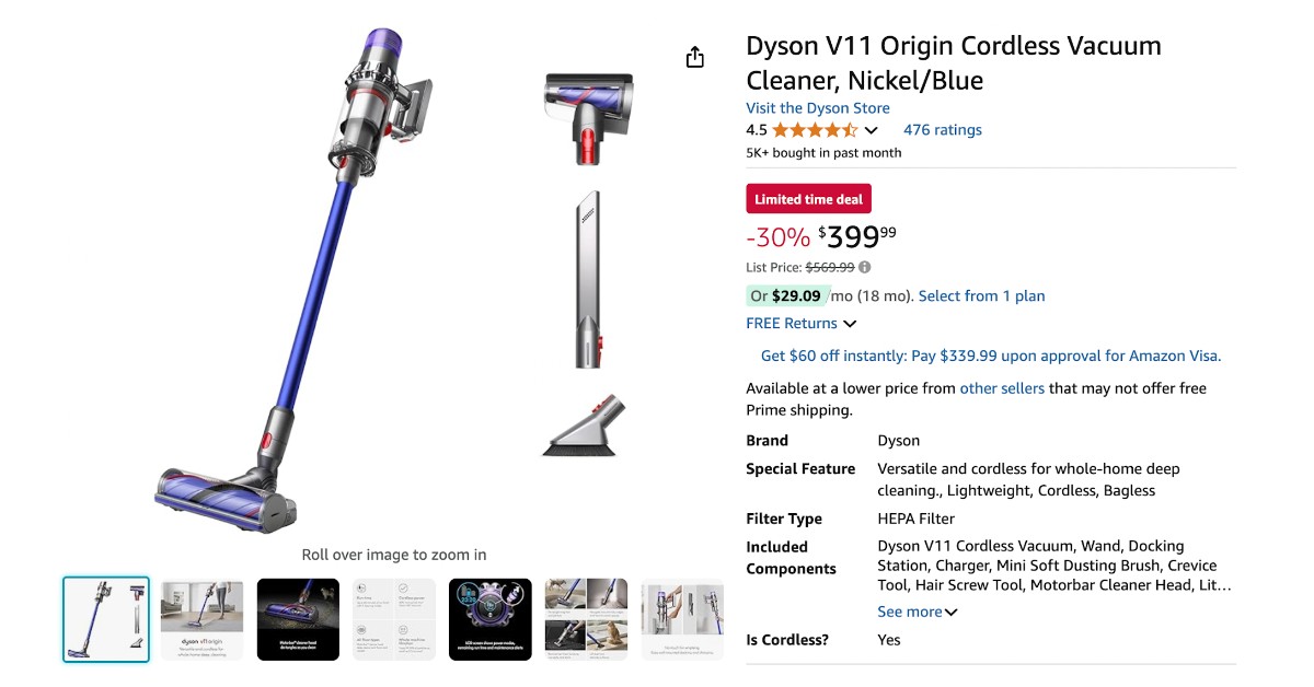 Dyson V11 Origin Cordless Vacuum Cleaner Limited time 170 Discount