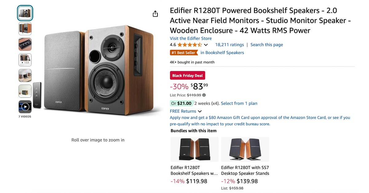 Edifier R1280T Powered Bookshelf Speakers - Now $36 Discount! Black Friday Deal!