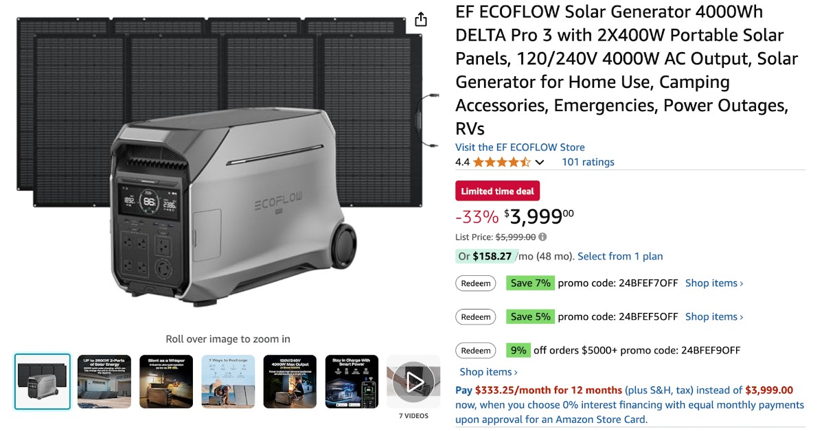 EF ECOFLOW Solar Generator DELTA Pro 3 with 2 Portable Solar Panels - Limited $2000 OFF!