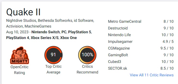 Spillere og kritikere er begeistret for remasteren av Quake 2. Det oppdaterte spillet får toppkarakterer på alle plattformer.-3