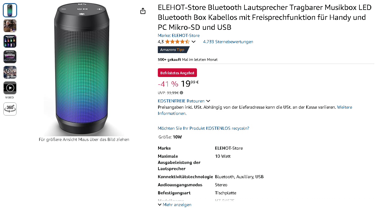 Screenshot der ELEHOT-Store Lautsprecher