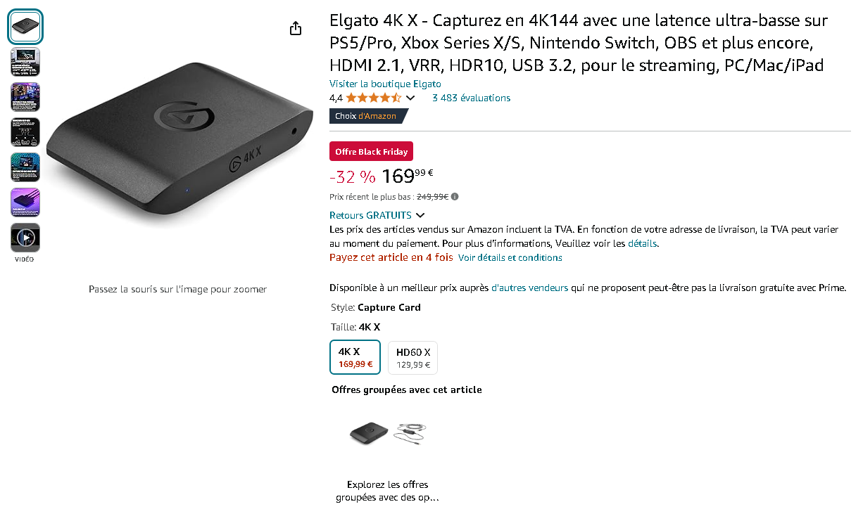 Capture d'écran de la page de l'Elgato Game Capture 4K X sur Amazon