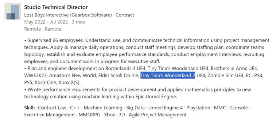 En av utvecklarna av Tiny Tina's Wonderlands har bekräftat att Gearbox arbetar på Borderlands 4 och Tiny Tina's Wonderlands 2-2