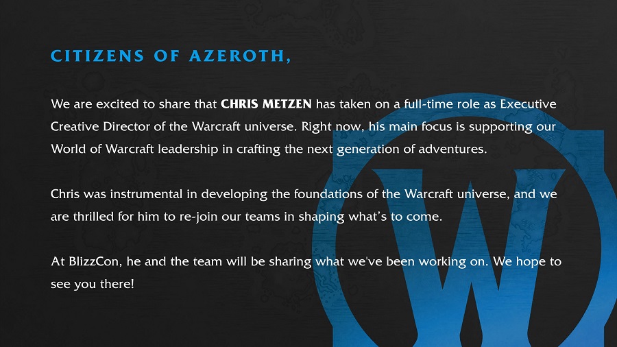 The legendary Chris Metzen is returning to Blizzard! He has been promoted to creative director of the Warcraft franchise-2