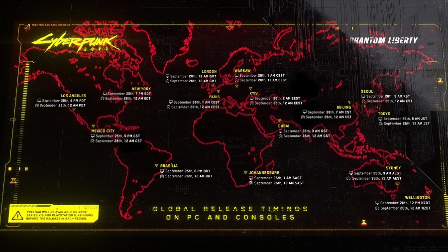 Тепер ви точно не пропустите! CD Projekt RED опублікувала наочну карту, на якій вказано час релізу розширення Phantom Liberty для Cyberpunk 2077 в основних часових поясах-2