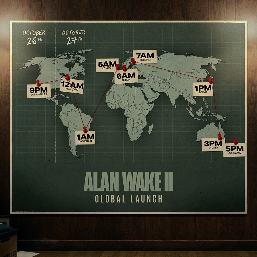 Impossibile sbagliare: Remedy ha pubblicato una mappa visiva dell'uscita di Alan Wake 2, che mostra l'orario di uscita del gioco nei principali fusi orari.-2