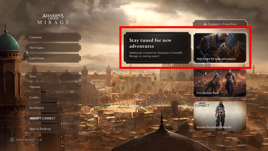 Ubisoft sta preparando un add-on per Assassin's Creed Mirage? Un misterioso banner pubblicitario è stato trovato nel menu principale del gioco-2