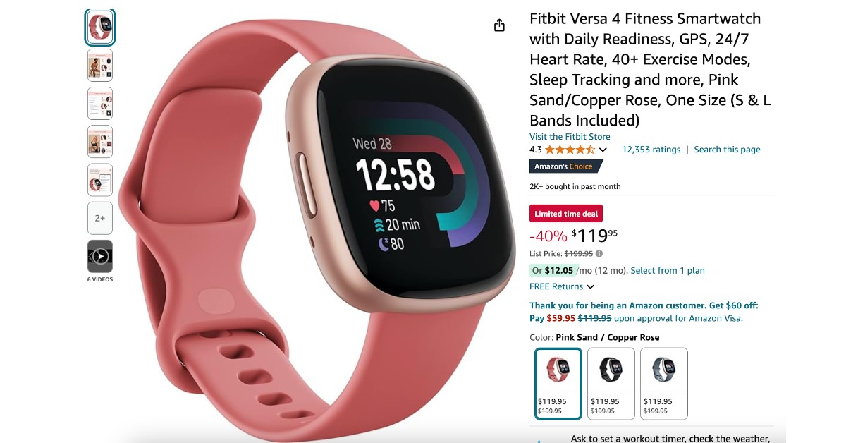 Fitbit Versa 4 Fitness Smartwatch Now 80 Discount