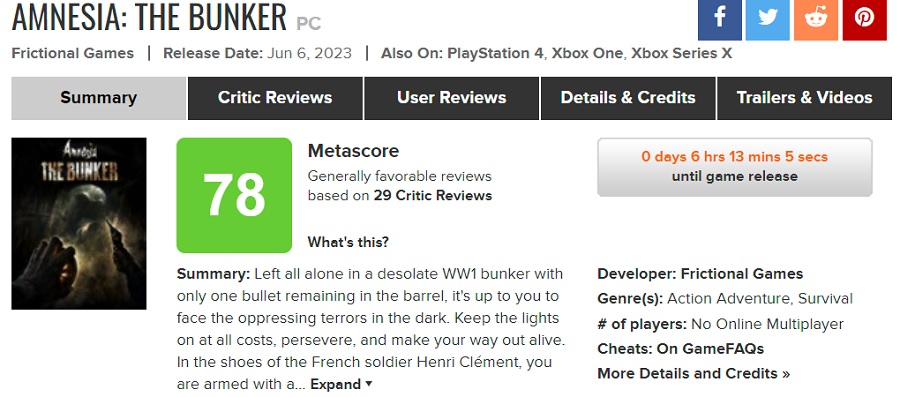 Horror fans will love it!  Amnesia: The Bunker received positive reviews from critics and gave the game high marks-2