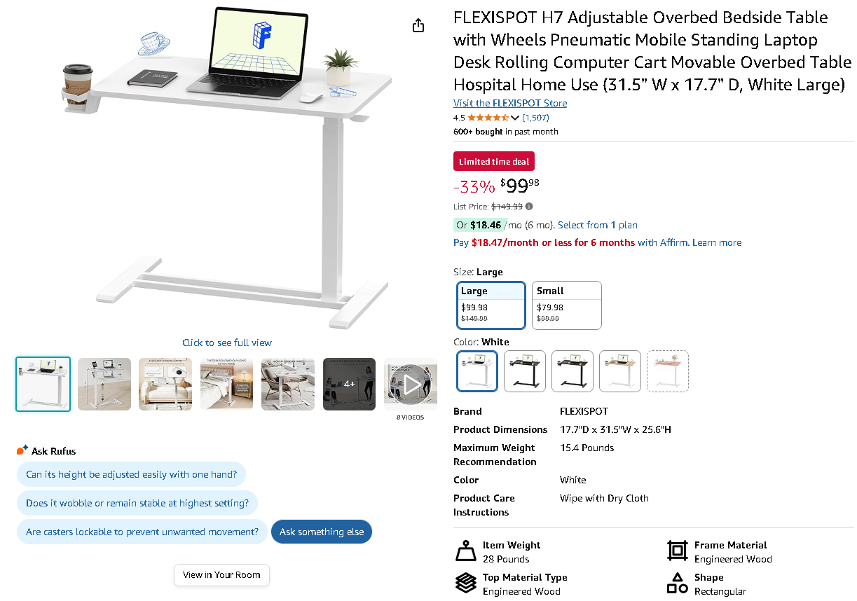 FLEXISPOT H7 Adjustable Table Screenshot of the FLEXISPOT H7 Adjustable Overbed Table on Amazon