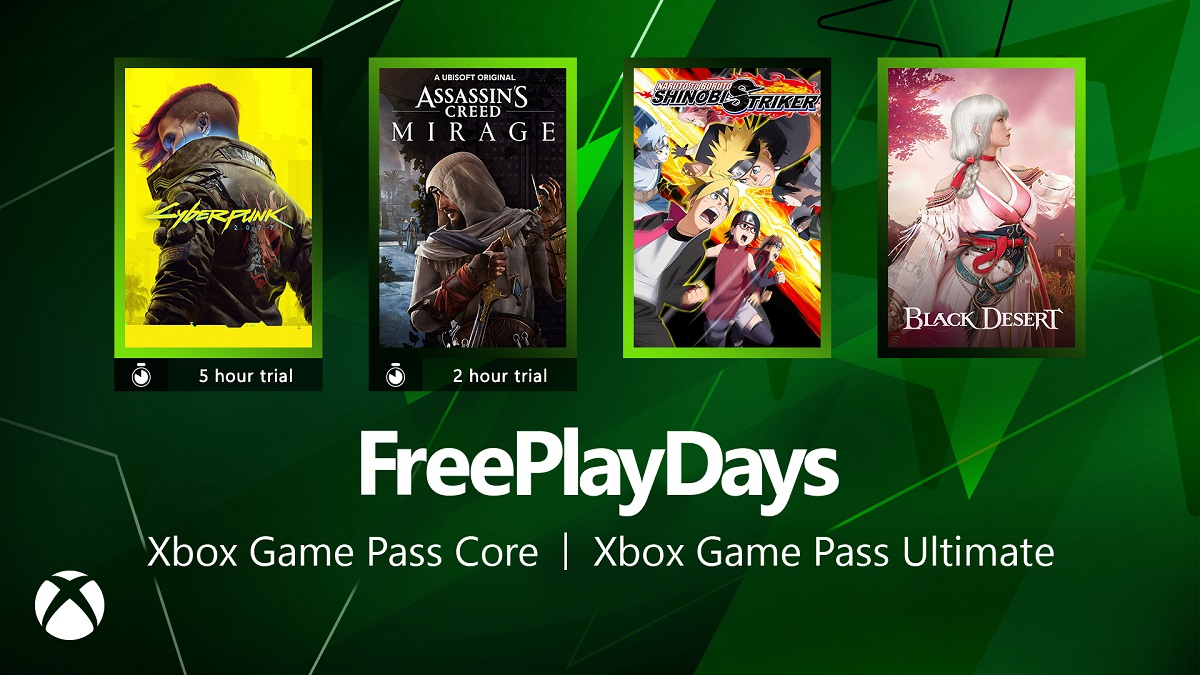 Free Play Days med et flott tilbud: Abonnenter på alle versjoner av Xbox Game Pass kan prøve Cyberpunk 2077 og Assassin's Creed Mirage.