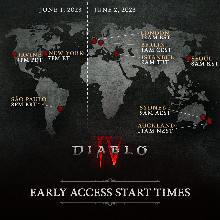 Blizzard hat Karten veröffentlicht, die das Veröffentlichungsdatum und die Uhrzeit von Diablo IV in verschiedenen Zeitzonen deutlich anzeigen-2