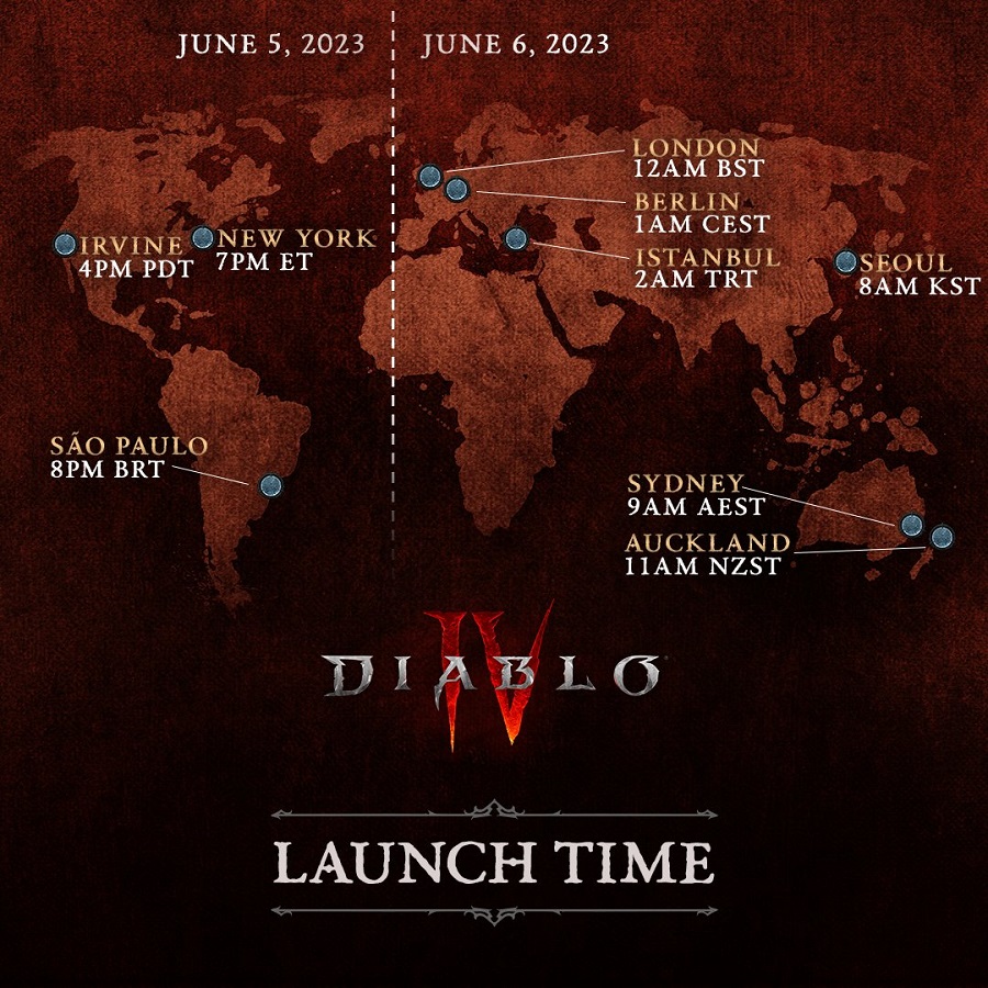 Blizzard ha pubblicato delle mappe che mostrano chiaramente la data e l'ora di uscita di Diablo IV in diversi fusi orari.-3