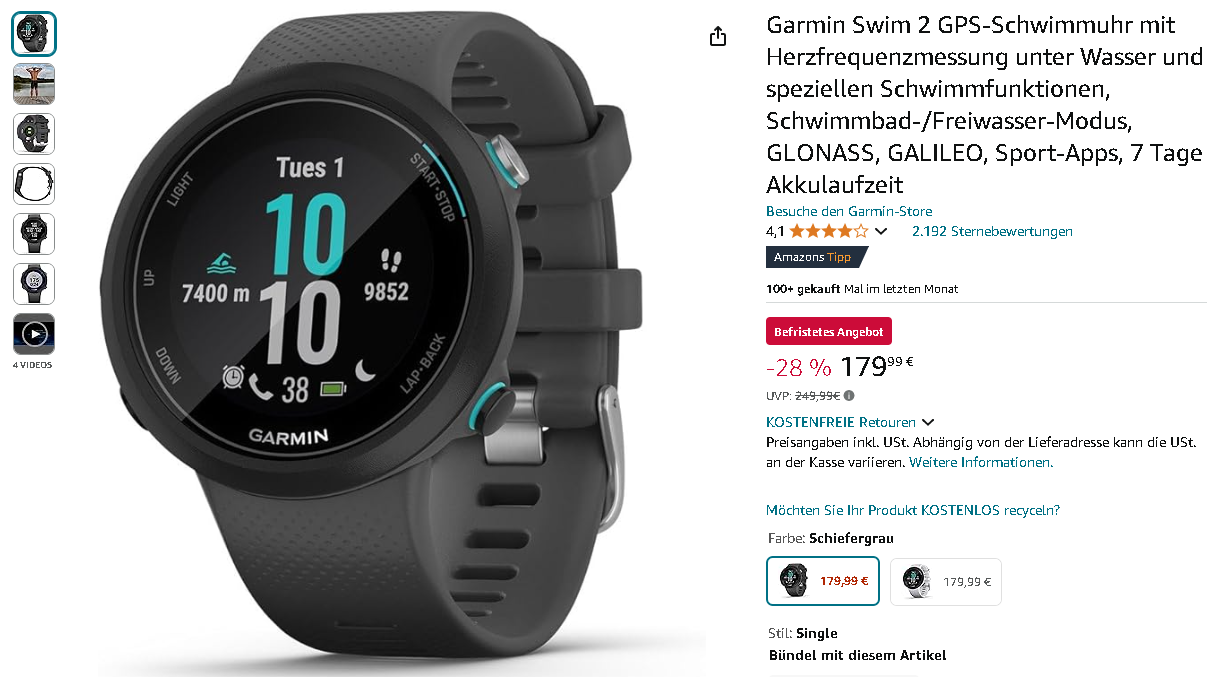 Screenshot der Garmin Swim 2 - Quelle: Amazon