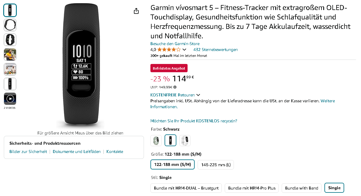 Screenshot der Garmin vívosmart 5