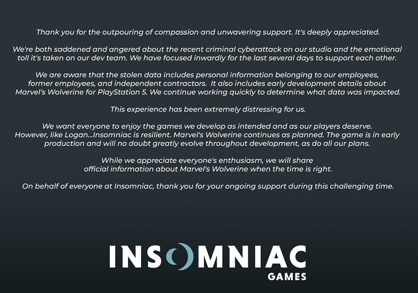 Abrumados pero no rotos: el equipo de Insomniac Games ha emitido un comunicado sobre las consecuencias de la filtración masiva de información importante-2