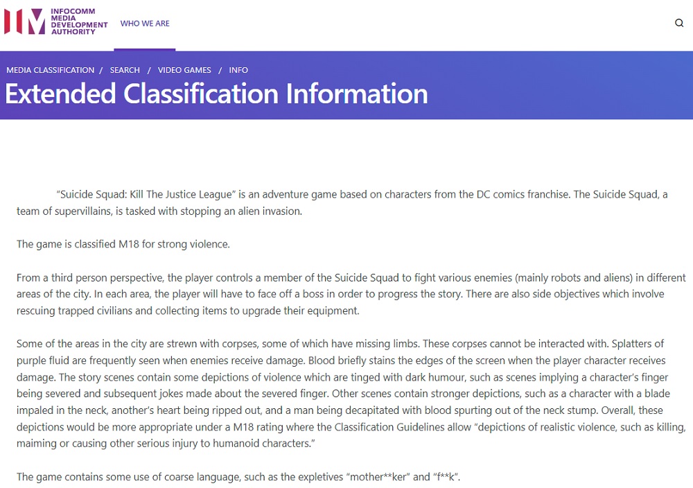 Suicide Squad: Kill the Justice League rating details gory violence
