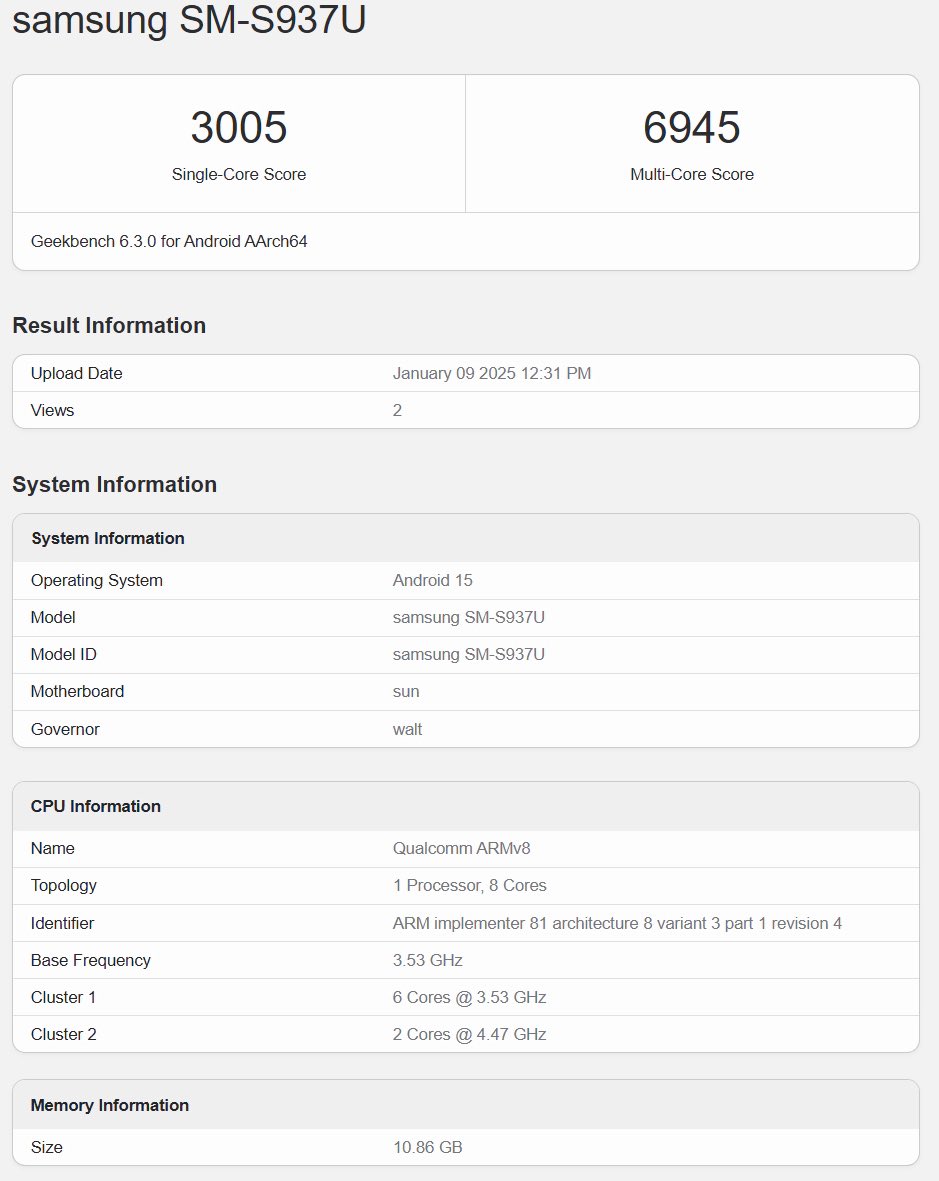 Résultats des tests du Galaxy S25 Slim sur Geekbench