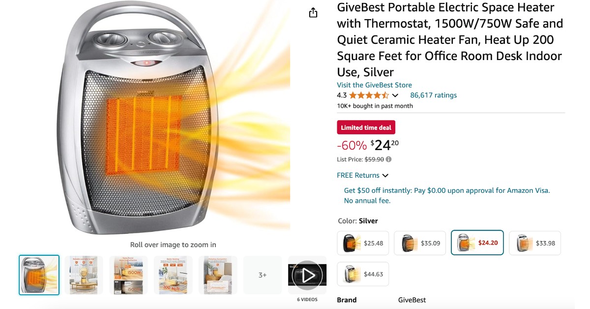 GiveBest Portable Electric Space Heater - Today $35 Off!