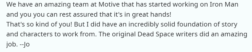 Les auteurs du remake de Dead Space ont déjà commencé le développement actif du jeu Iron Man-2