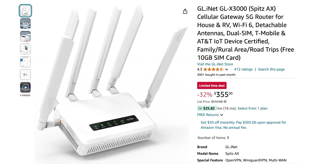 GL.iNet GL-X3000 (Spitz AX) Cellular Gateway 5G Router -  Limited time deal $164 Off!