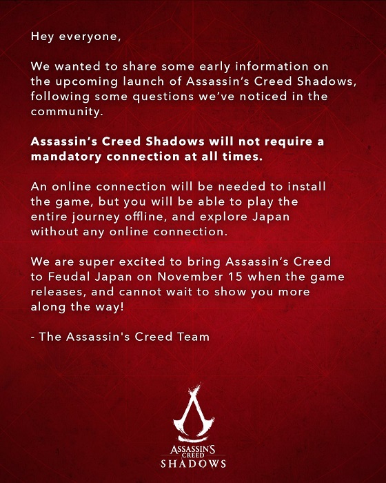 Jetzt ist es offiziell: Assassin's Creed Shadows braucht keine ständige Internetverbindung-2