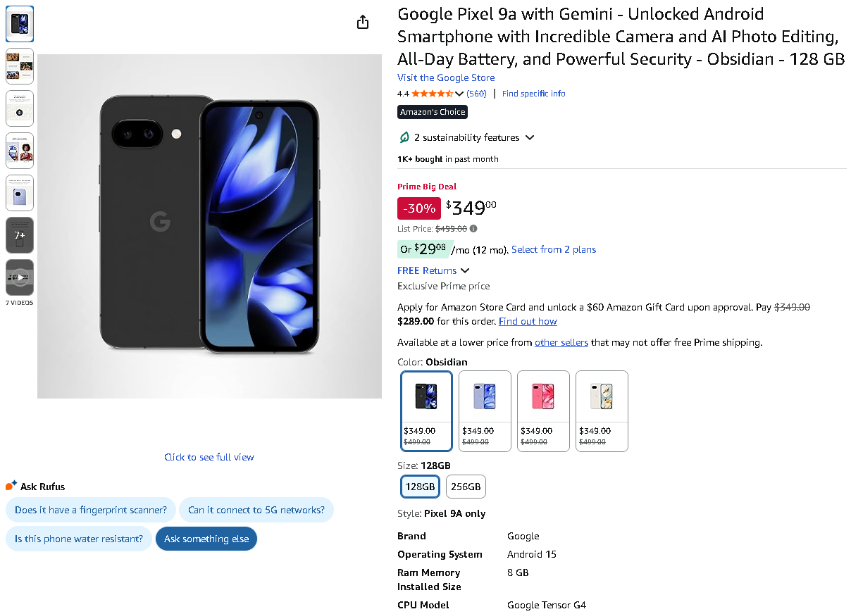 Screenshot of the Google Pixel 9a
