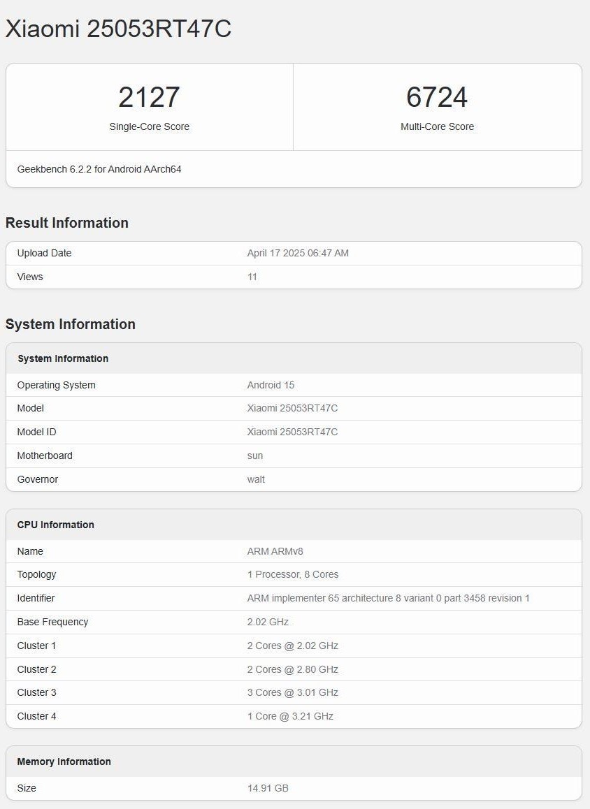 Test results of the alleged Redmi Turbo 4 Pro in Geekbench
