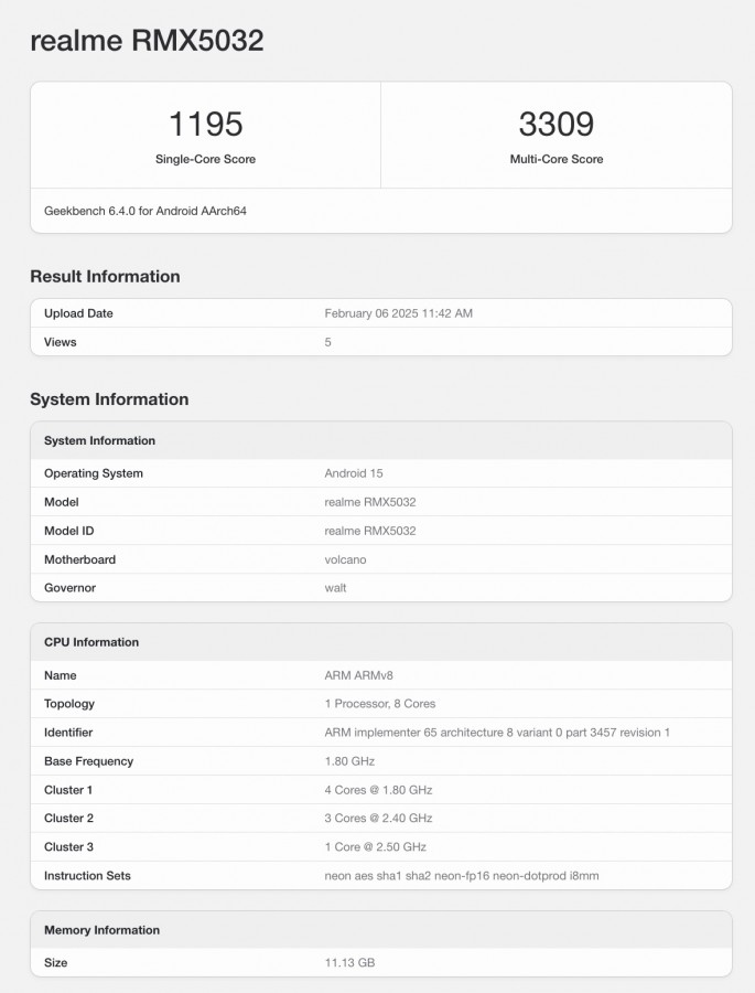 Результати тесту на продуктивність Realme P3 Pro на Geekbench