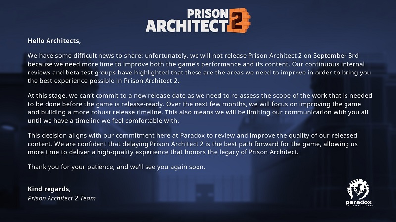 There's big trouble in prison: Paradox Interactive has announced another delay in the release of Prison Architect 2-2