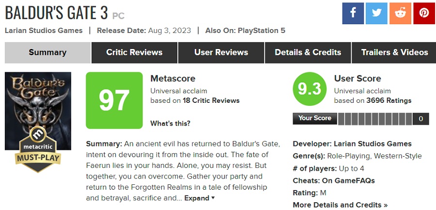 Succès colossal pour Larian Studios, Baldur's Gate 3 est devenu le jeu le mieux noté de 2023 et fait partie des meilleurs projets de l'histoire de Metacritic-2