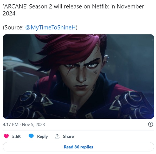 Un initié a révélé la date de la première de la deuxième saison de l'anime Arcane. Il est possible que la suite de la série à succès soit diffusée exactement un an plus tard-2