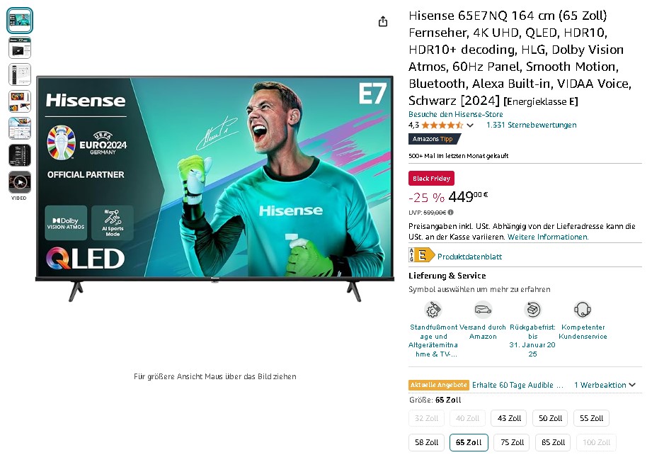 Screenshot der Hisense 65E7NQ QLED-Fernseher - 65 Zoll mit Quantum Dot Technologie