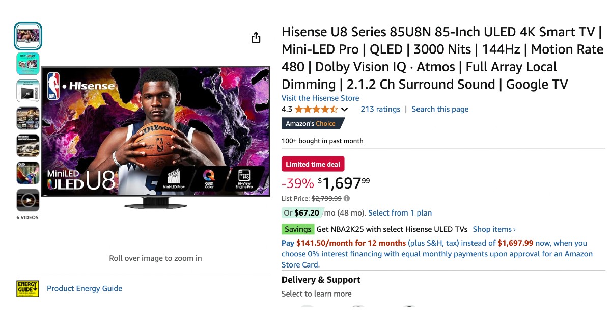 Hisense U8 Series 85U8N 4K Smart TV - $1102 OFF!Don't miss it!