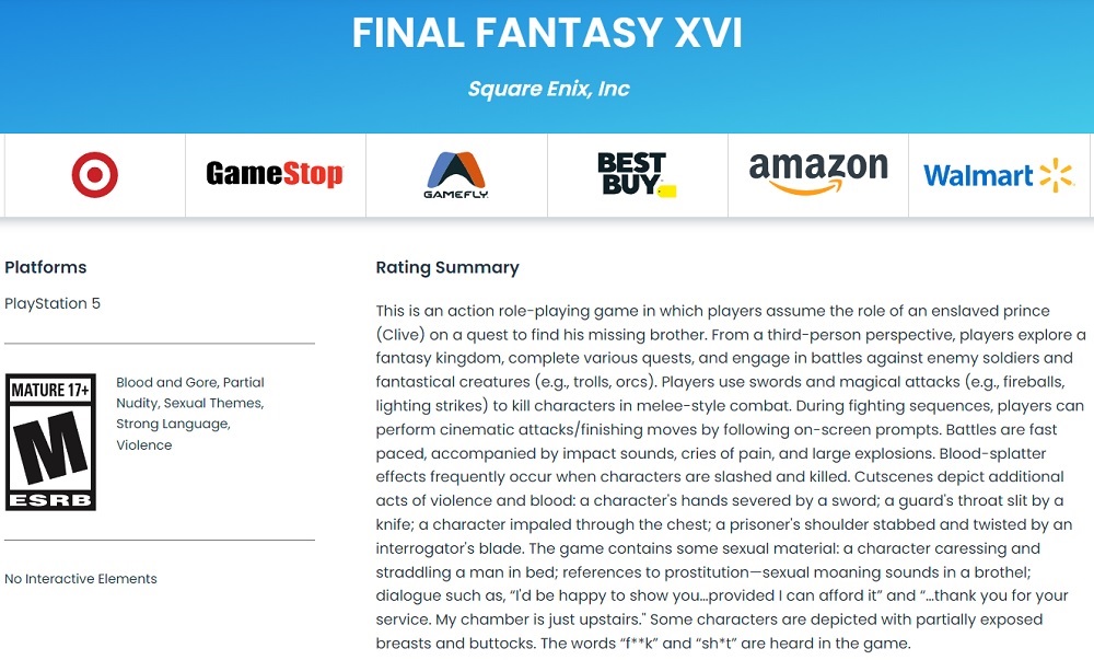 Nudità, violenza e linguaggio scurrile: Il gioco di ruolo giapponese Final Fantasy XVI è classificato M (17+) dall'ESRB.-2