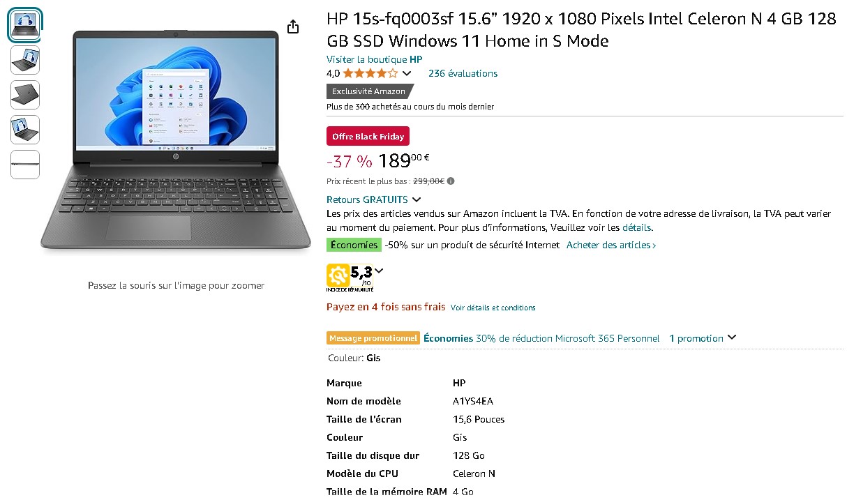 HP 15s-fq0003sf sur Amazon