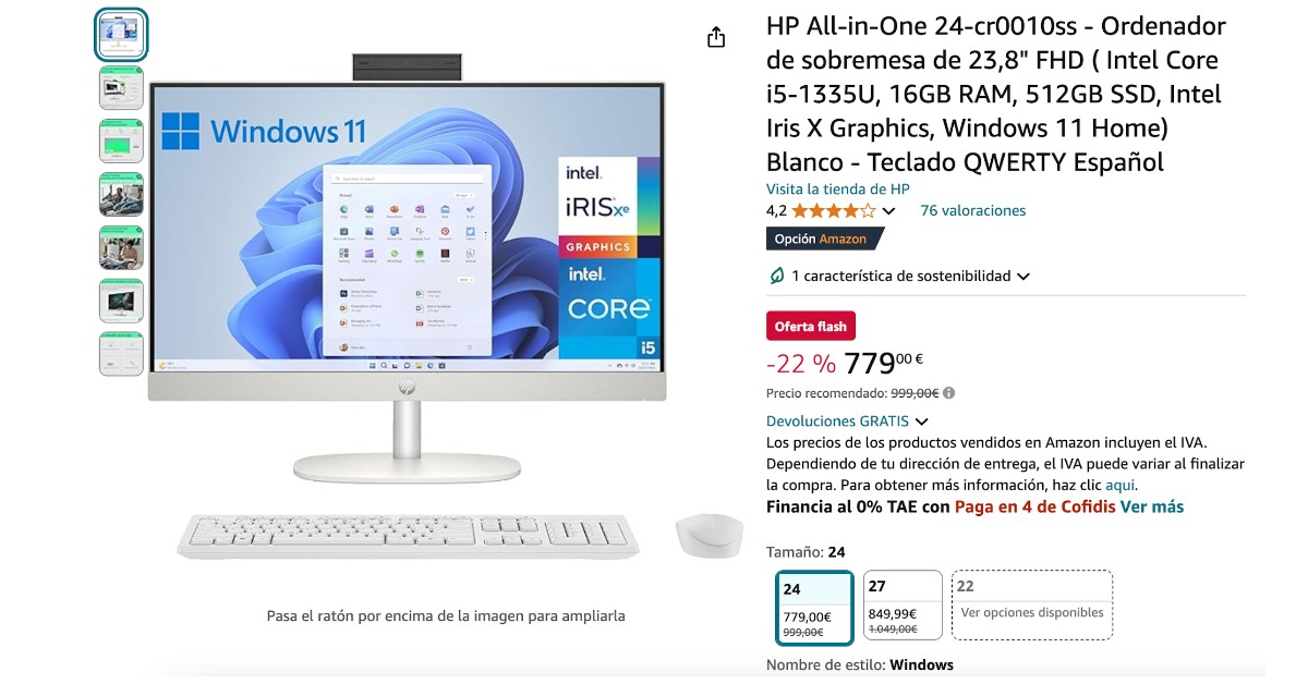 Ordenador de sobremesa HP All-in-One 24-cr0010ss - No te lo pierdas- descuento de 220€.