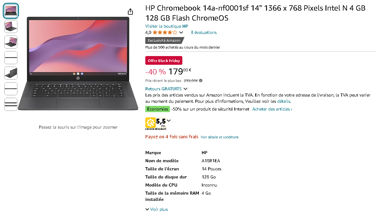 Image du HP Chromebook 14a montrant l'ordinateur portable