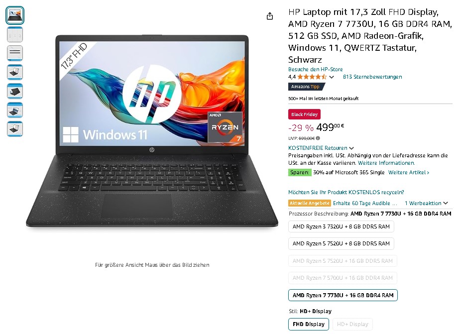 HP 17,3 Zoll Laptop mit AMD Ryzen 7