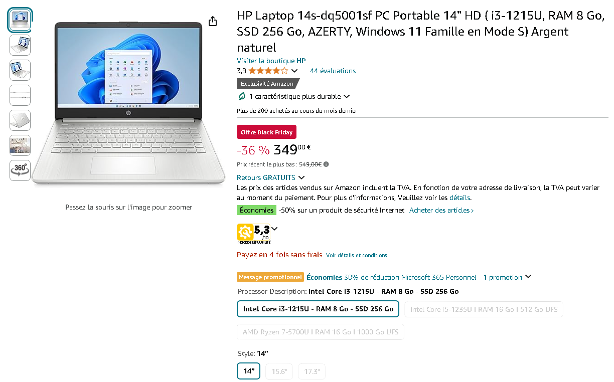 HP Laptop 14s-dq5001sf - Capture d'écran de la page produit sur Amazon