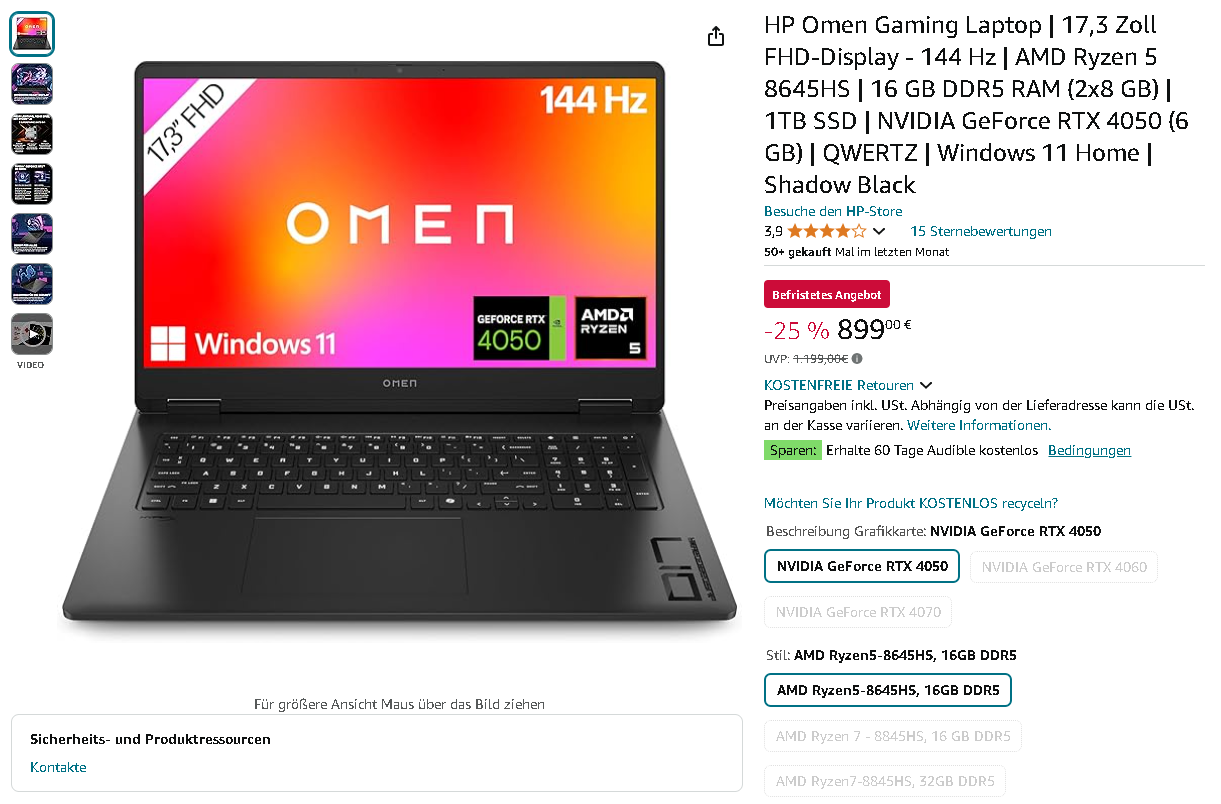 Screenshot der HP OMEN 17 Gaming Laptop auf Amazon